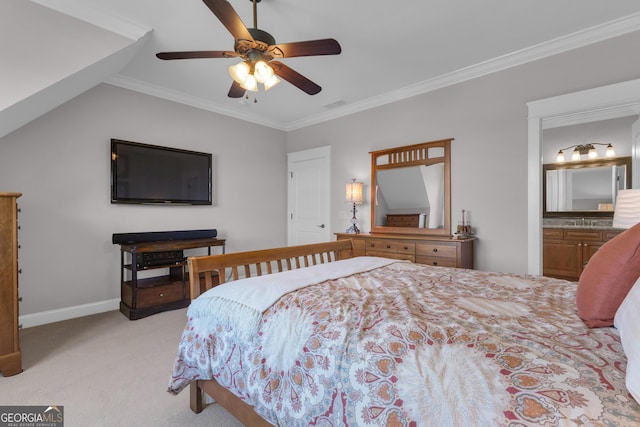 406 Vanderbilt Pkwy, Newnan, GA 30265 - bedroom with light carpet, baseboards, ornamental molding, lofted ceiling, and ceiling fan
