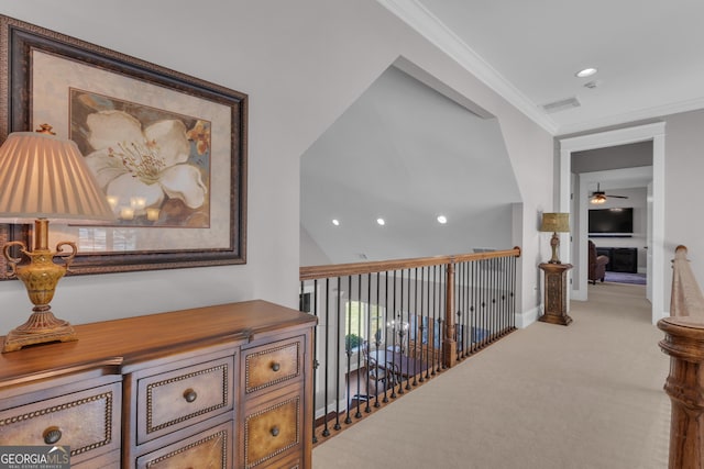 406 Vanderbilt Pkwy, Newnan, GA 30265 - corridor with carpet flooring, baseboards, crown molding, and recessed lighting