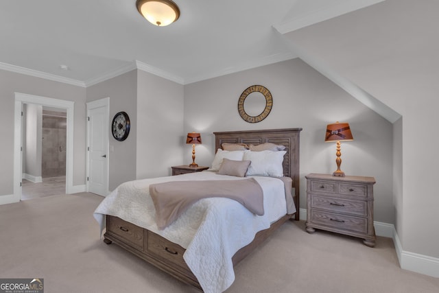 406 Vanderbilt Pkwy, Newnan, GA 30265 - bedroom featuring light carpet, baseboards, ornamental molding, and ensuite bath