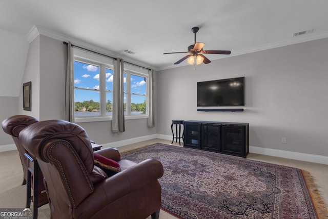 406 Vanderbilt Pkwy, Newnan, GA 30265 - carpeted living room featuring crown molding, baseboards, and ceiling fan