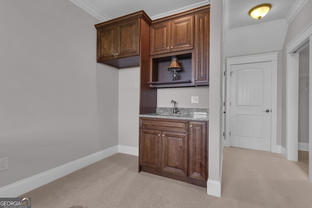 406 Vanderbilt Pkwy, Newnan, GA 30265 - indoor wet bar featuring light carpet, baseboards, and ornamental molding