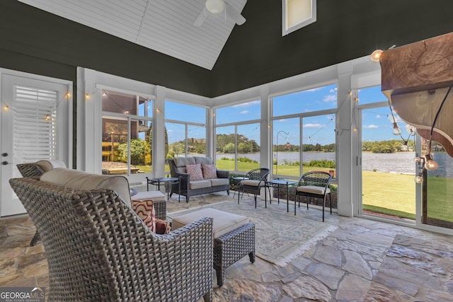 406 Vanderbilt Pkwy, Newnan, GA 30265 - sunroom featuring outdoor lounge area, a ceiling fan, lofted ceiling, and a water view