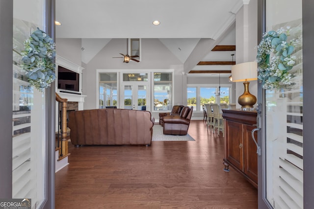 406 Vanderbilt Pkwy, Newnan, GA 30265 - living area featuring ceiling fan, wood finished floors, recessed lighting, lofted ceiling, and a fireplace
