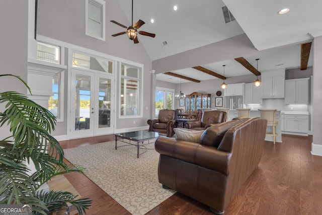 406 Vanderbilt Pkwy, Newnan, GA 30265 - living area featuring a ceiling fan, french doors, dark wood finished floors, baseboards, and high vaulted ceiling