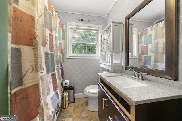14301 Veterans Memorial Hwy, Villa Rica, GA 30180 - full bathroom with wallpapered walls, crown molding, vanity, toilet, and stone finish floors