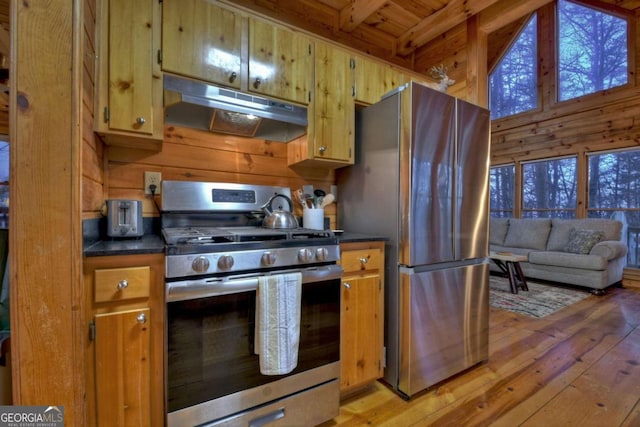 355 Cohutta Mountain Rd, Cherry Log, GA 30522 - kitchen with stainless steel appliances, under cabinet range hood, dark countertops, light wood-style flooring, and wood walls