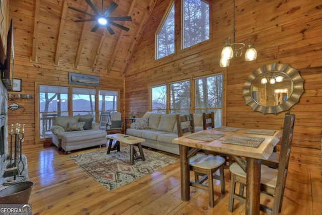 355 Cohutta Mountain Rd, Cherry Log, GA 30522 - living area featuring high vaulted ceiling, wood walls, wood-type flooring, wood ceiling with exposed beams, and a ceiling fan