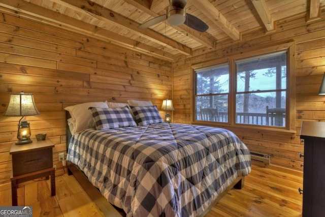 355 Cohutta Mountain Rd, Cherry Log, GA 30522 - bedroom with wood ceiling with exposed beams, wood walls, light wood-style floors, and a baseboard radiator
