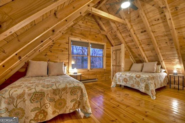 355 Cohutta Mountain Rd, Cherry Log, GA 30522 - bedroom featuring a baseboard radiator, wood walls, wood ceiling, and hardwood / wood-style flooring