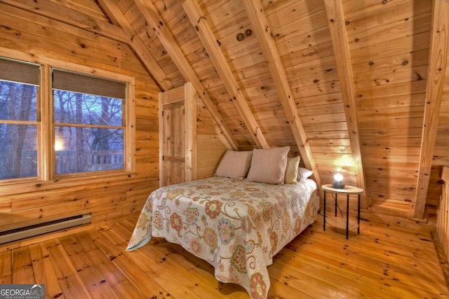 355 Cohutta Mountain Rd, Cherry Log, GA 30522 - bedroom featuring wood ceiling, light wood-style flooring, wood walls, and a baseboard heating unit