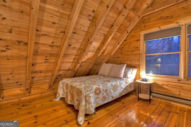 355 Cohutta Mountain Rd, Cherry Log, GA 30522 - bedroom with wooden ceiling, hardwood / wood-style floors, wood walls, and baseboard heating