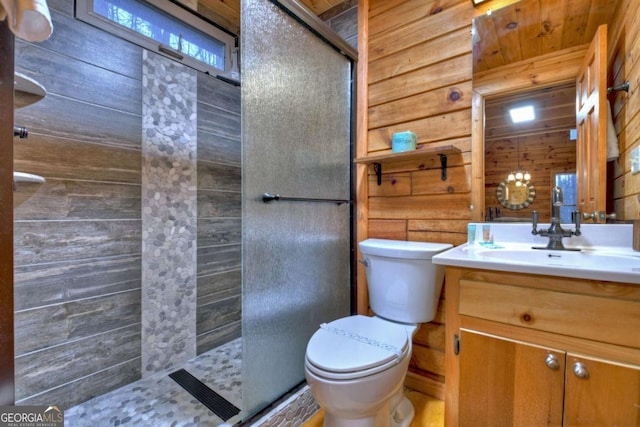 355 Cohutta Mountain Rd, Cherry Log, GA 30522 - bathroom with wood walls, toilet, vanity, and a tile shower