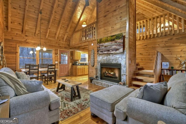 355 Cohutta Mountain Rd, Cherry Log, GA 30522 - living room with wooden walls, high vaulted ceiling, wood finished floors, a fireplace, and wood ceiling with exposed beams
