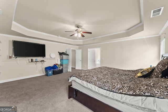 240 Somerset Dr, Dallas, GA 30132 - carpeted bedroom featuring a tray ceiling, crown molding, baseboards, and a ceiling fan