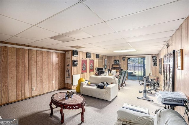 3244 Hampton Ct, Smyrna, GA 30082 - living room with wooden walls, carpet flooring, and a paneled ceiling