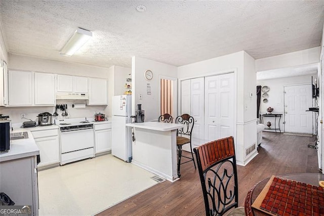 3244 Hampton Ct, Smyrna, GA 30082 - kitchen featuring white appliances, under cabinet range hood, light wood-style flooring, a textured ceiling, and light countertops