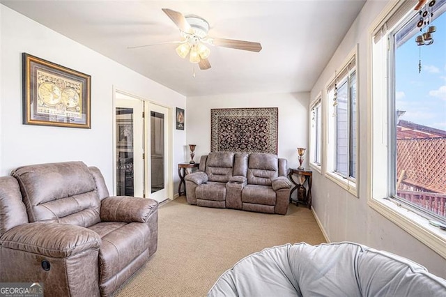 3244 Hampton Ct, Smyrna, GA 30082 - living room featuring plenty of natural light, light carpet, and a ceiling fan