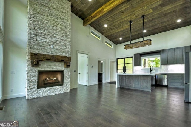 840 Arp Rd, Mineral Bluff, GA 30559 - unfurnished living room with high vaulted ceiling, wood ceiling with exposed beams, a sink, a fireplace, and baseboards