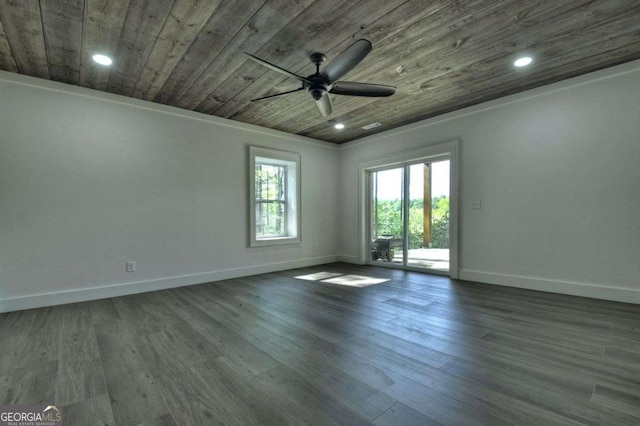 840 Arp Rd, Mineral Bluff, GA 30559 - empty room with wooden ceiling, a ceiling fan, baseboards, dark wood finished floors, and recessed lighting