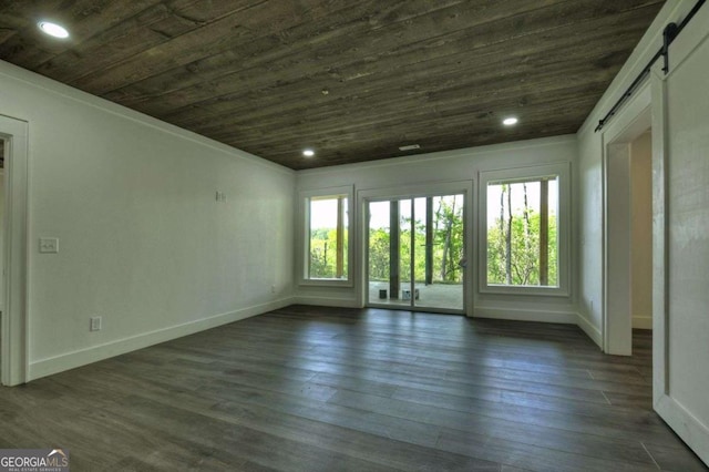 840 Arp Rd, Mineral Bluff, GA 30559 - unfurnished room featuring wooden ceiling, baseboards, a barn door, dark wood-style flooring, and recessed lighting