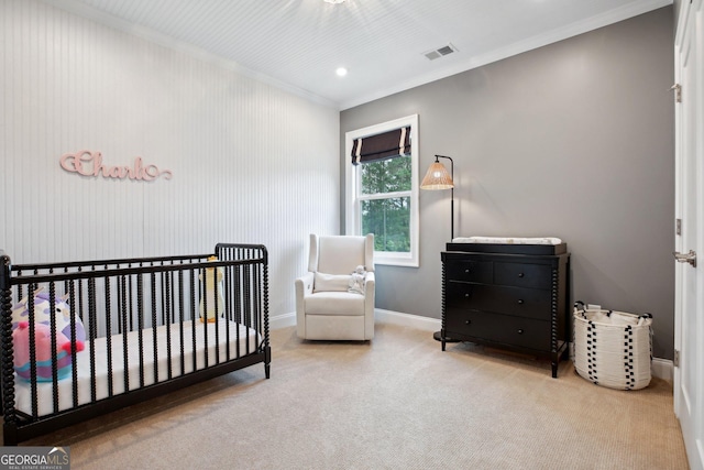 247 Widener Way, Peachtree City, GA 30269 - bedroom with crown molding, carpet, a nursery area, baseboards, and recessed lighting