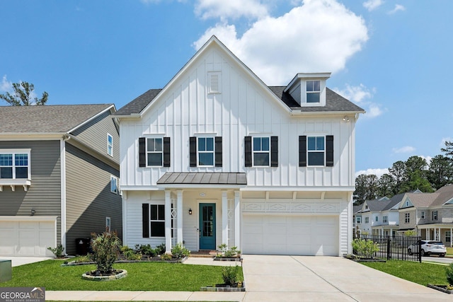 247 Widener Way, Peachtree City, GA 30269 - modern farmhouse style home featuring board and batten siding, a garage, concrete driveway, and roof with shingles