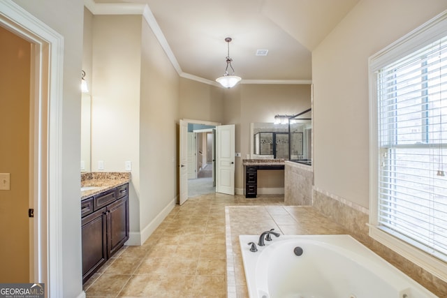 2604 Heltonwood Ct, Buford, GA 30519 - full bath featuring vanity, a whirlpool tub, tile patterned floors, and crown molding
