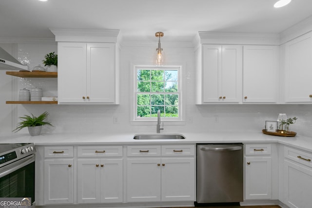 1173 Normandy Rd, Macon, GA 31210 - kitchen featuring stainless steel appliances, a sink, open shelves, and white cabinetry