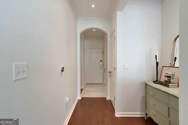 1850 Cotillion Dr Unit 2304, Atlanta, GA 30338 - hallway with arched walkways, ornamental molding, dark wood-type flooring, baseboards, and recessed lighting