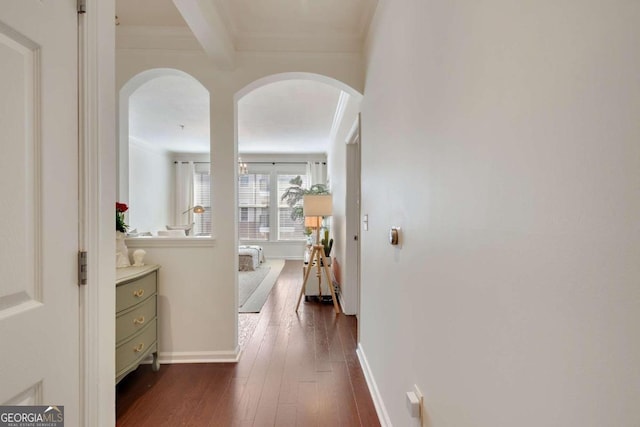 1850 Cotillion Dr Unit 2304, Atlanta, GA 30338 - hall with arched walkways, dark wood-style flooring, ornamental molding, and baseboards