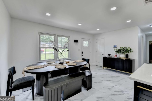 3799 Sweetbriar Cir, Lithia Springs, GA 30122 - dining room with light marble finish flooring, recessed lighting, and breakfast area