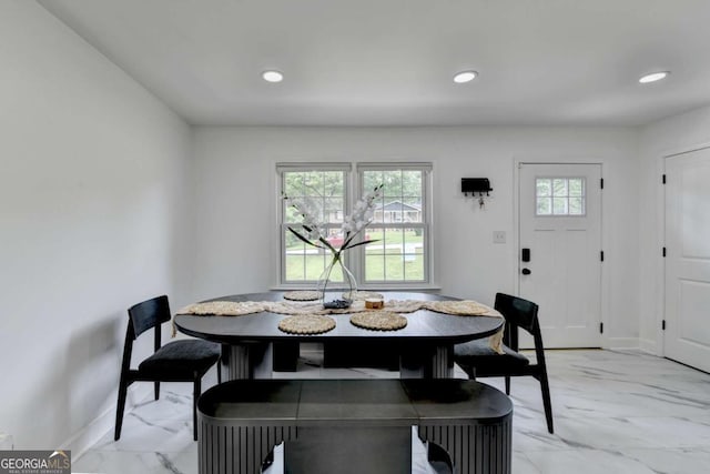 3799 Sweetbriar Cir, Lithia Springs, GA 30122 - dining space with breakfast area, light marble finish flooring, baseboards, and recessed lighting