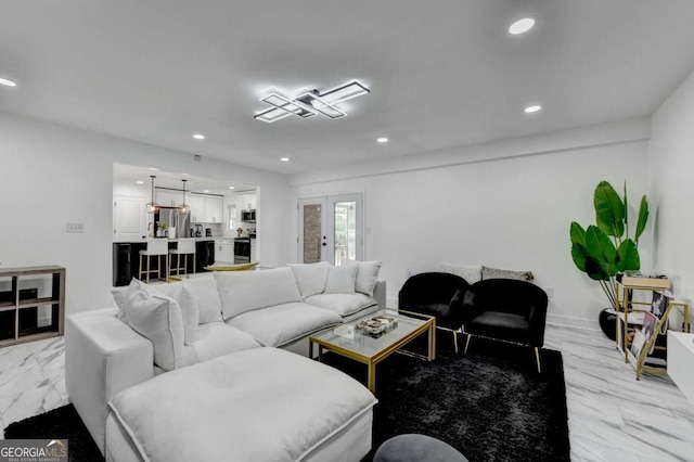 3799 Sweetbriar Cir, Lithia Springs, GA 30122 - living area featuring recessed lighting, light marble finish floors, and french doors