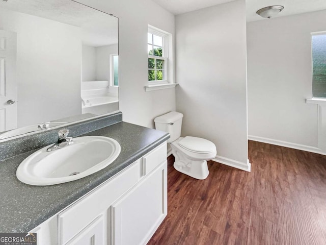 4311 Marci St, Snellville, GA 30039 - full bath featuring wood finished floors, vanity, toilet, baseboards, and a bathtub