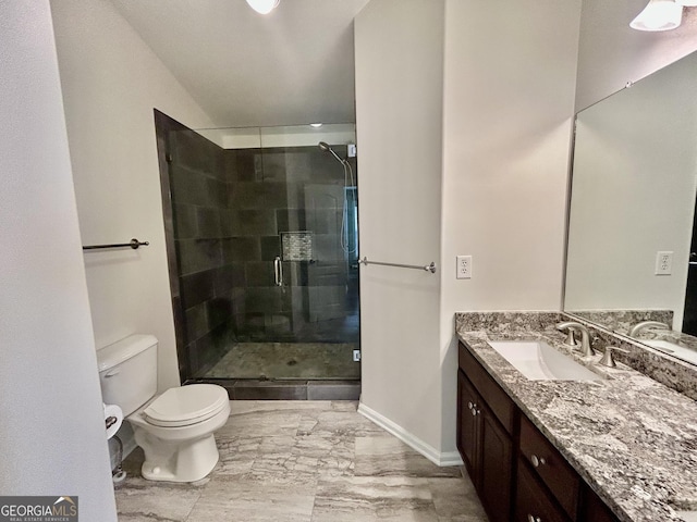 3988 Church View Ln, Suwanee, GA 30024 - full bathroom with a stall shower, vanity, and marble finish flooring