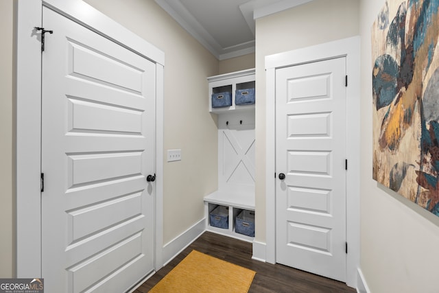 21 Little Creek Dr, Monroe, GA 30655 - mudroom featuring dark wood-style floors and ornamental molding