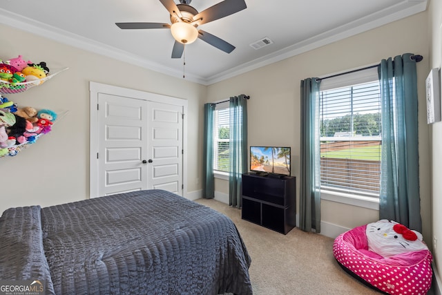 21 Little Creek Dr, Monroe, GA 30655 - bedroom featuring light colored carpet, crown molding, and a ceiling fan
