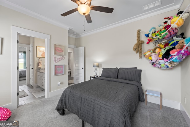 21 Little Creek Dr, Monroe, GA 30655 - bedroom with light carpet, crown molding, ceiling fan, and light tile patterned floors