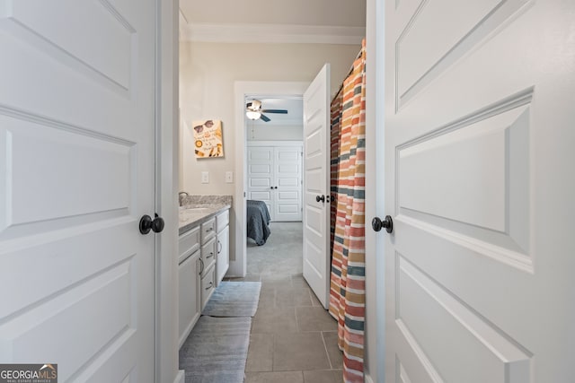 21 Little Creek Dr, Monroe, GA 30655 - full bath featuring vanity, a ceiling fan, ornamental molding, and tile patterned flooring