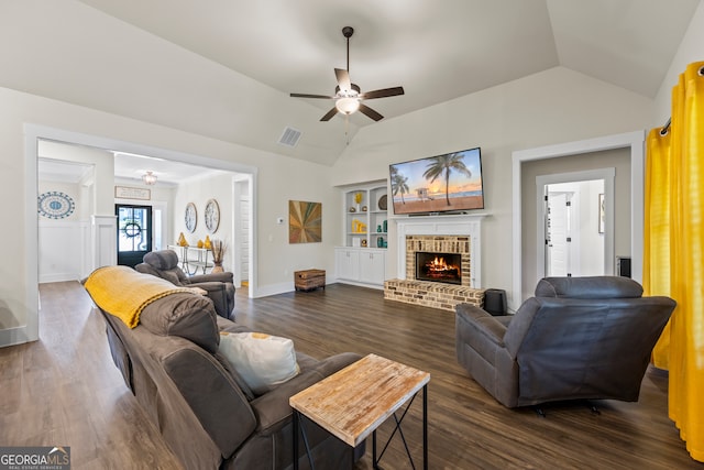 21 Little Creek Dr, Monroe, GA 30655 - living area featuring lofted ceiling, ceiling fan, dark wood-style flooring, and a fireplace