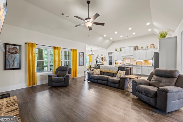 21 Little Creek Dr, Monroe, GA 30655 - living room with lofted ceiling, a ceiling fan, wood finished floors, recessed lighting, and a chandelier
