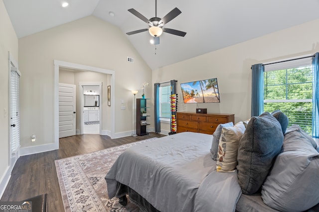 21 Little Creek Dr, Monroe, GA 30655 - bedroom featuring high vaulted ceiling, wood finished floors, a ceiling fan, and ensuite bath