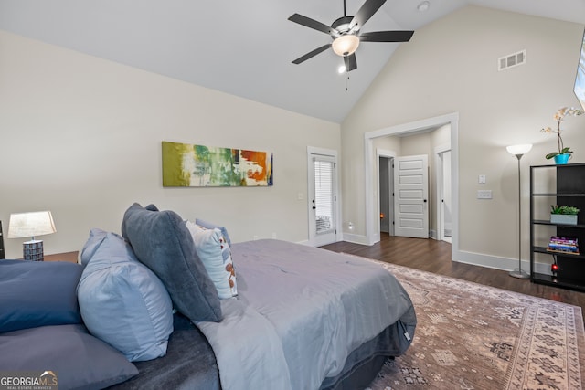 21 Little Creek Dr, Monroe, GA 30655 - bedroom featuring high vaulted ceiling, wood finished floors, and ceiling fan