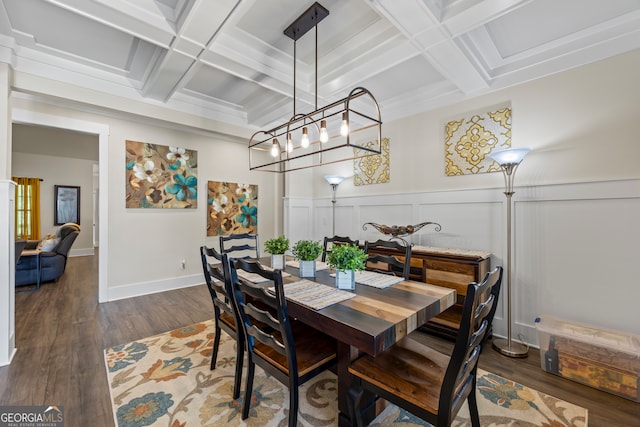 21 Little Creek Dr, Monroe, GA 30655 - dining room with coffered ceiling, dark wood-type flooring, beamed ceiling, and a wainscoted wall