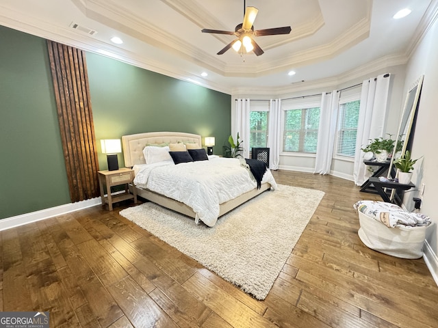 1761 Turtle Pond Dr, Watkinsville, GA 30677 - bedroom with a raised ceiling, hardwood / wood-style floors, crown molding, baseboards, and recessed lighting