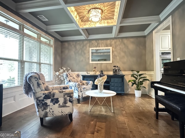 1761 Turtle Pond Dr, Watkinsville, GA 30677 - living area featuring dark wood-style flooring, coffered ceiling, beamed ceiling, a chandelier, and ornamental molding