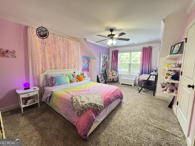 1761 Turtle Pond Dr, Watkinsville, GA 30677 - bedroom featuring ornamental molding, carpet floors, baseboards, and a ceiling fan