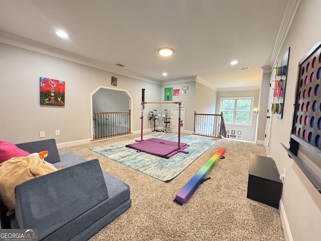1761 Turtle Pond Dr, Watkinsville, GA 30677 - game room with carpet, baseboards, ornamental molding, and recessed lighting