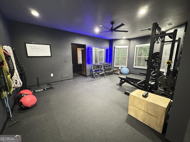 1761 Turtle Pond Dr, Watkinsville, GA 30677 - exercise room with a ceiling fan and recessed lighting