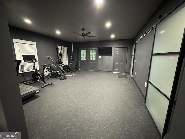 1761 Turtle Pond Dr, Watkinsville, GA 30677 - exercise room featuring recessed lighting, a ceiling fan, and baseboards
